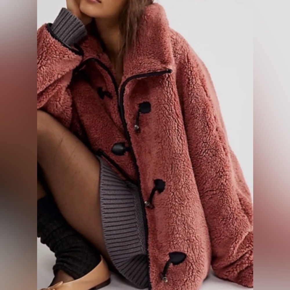 Free People Junie Oversized Faux Teddy Jacket Dusty Rose Pink SOLD OUT size XL - Picture 3 of 13